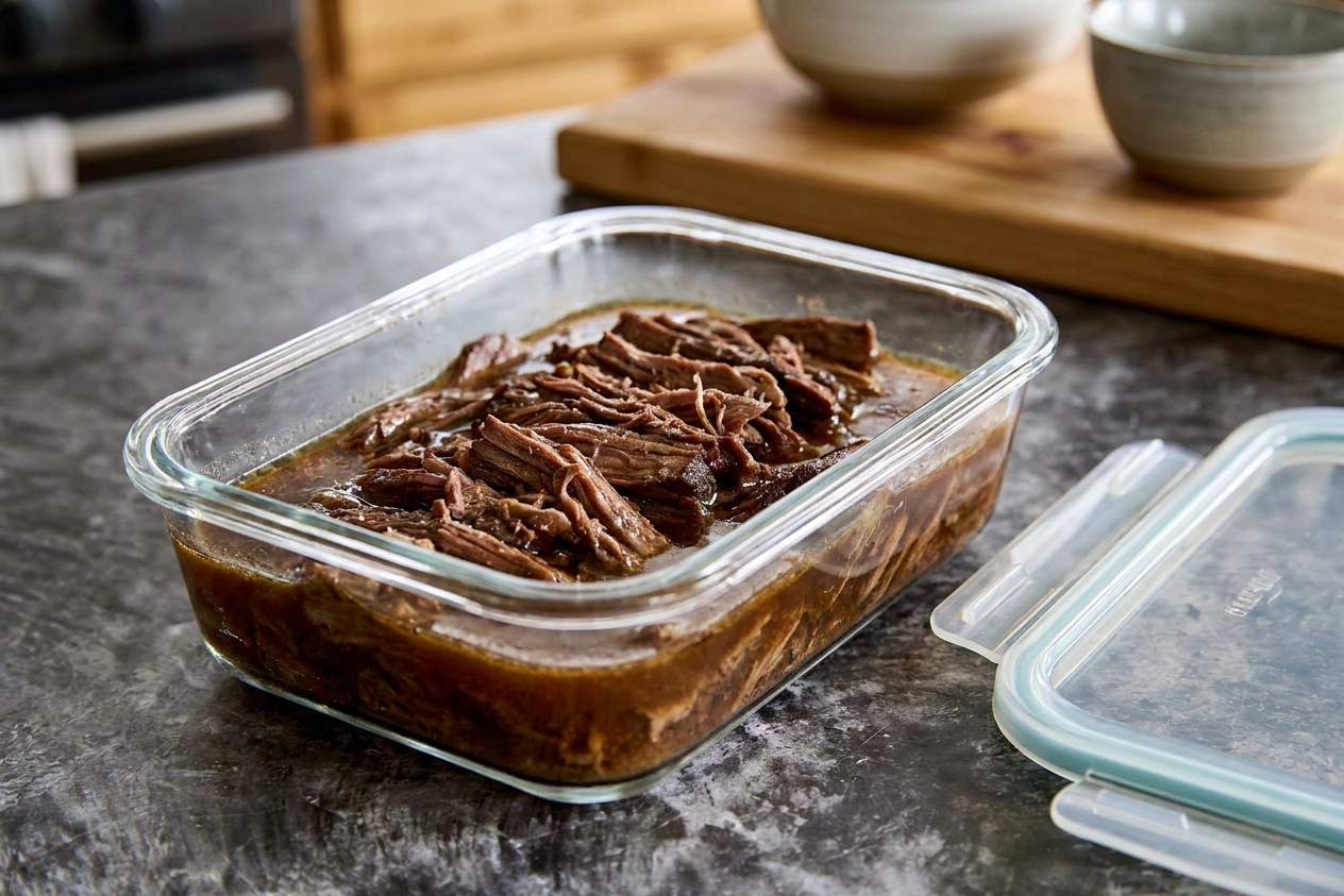 A glass meal prep container filled with sliced Italian beef submerged in au jus, set on a kitchen counter with a lid nearby