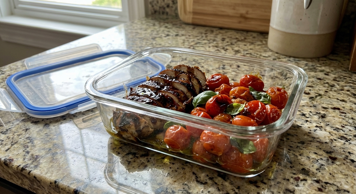 A glass meal prep container filled with sliced balsamic glazed chicken and roasted cherry tomatoes, lid set beside it on a countertop, photorealistic