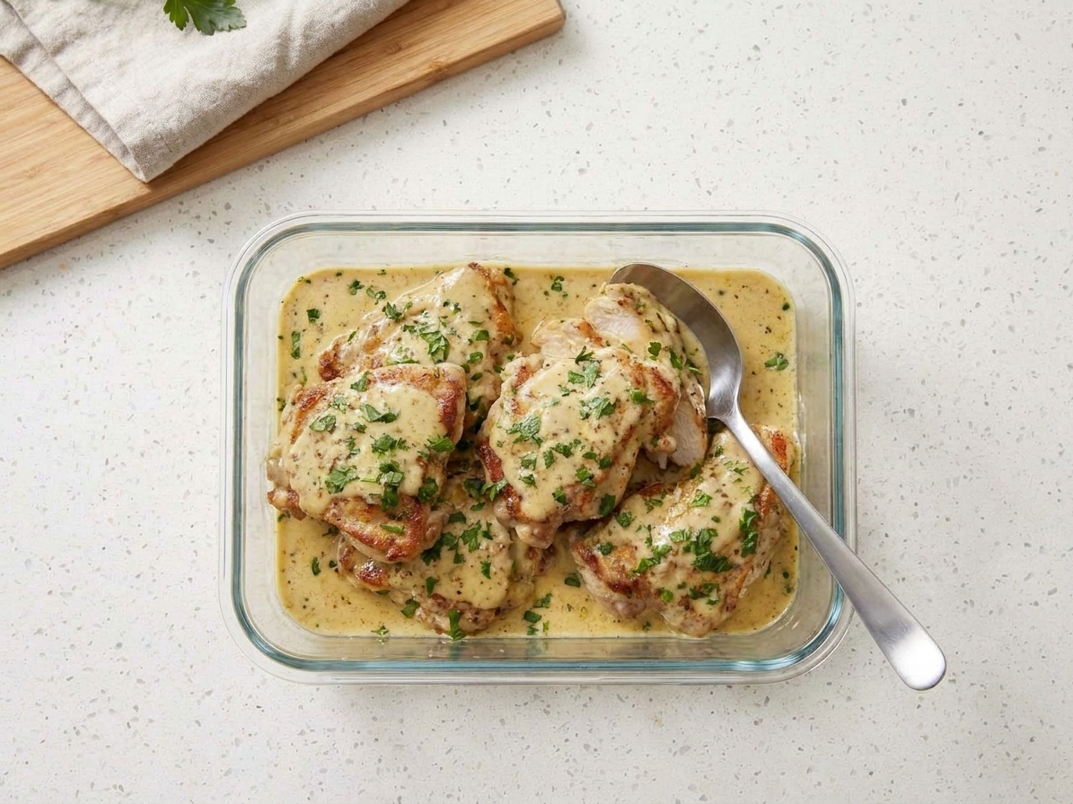 A glass meal prep container filled with sliced chicken and creamy Dijon sauce sitting on a kitchen counter with a spoon
