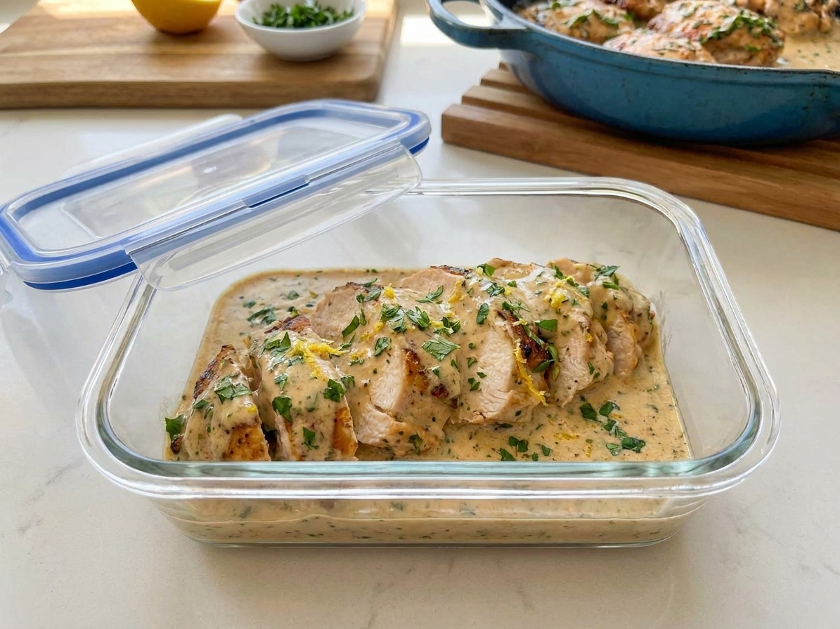 A glass meal prep container filled with sliced chicken and creamy lemon herb sauce, sitting on a kitchen counter with the lid nearby