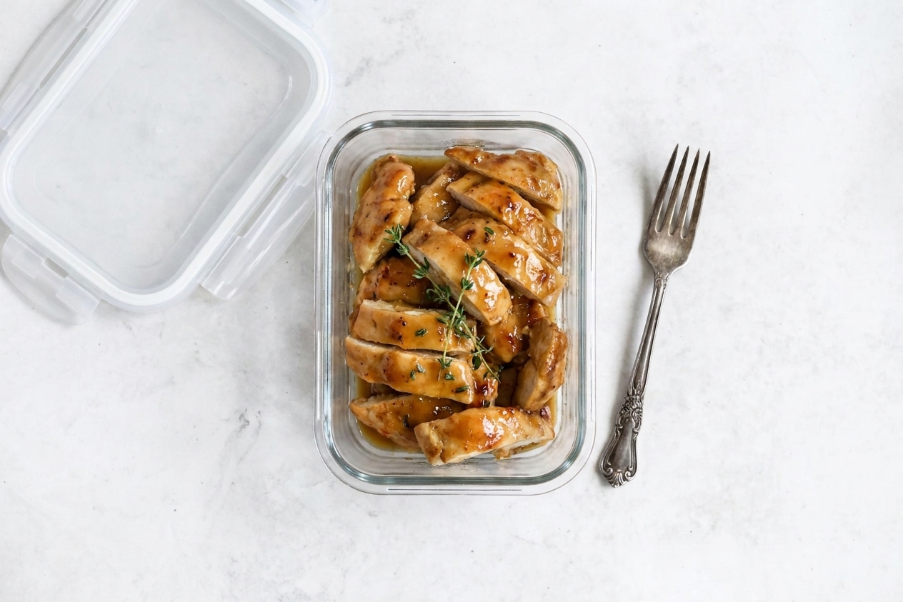 A glass meal prep container filled with sliced honey mustard chicken and sauce, sitting on a kitchen counter next to a lid and fork