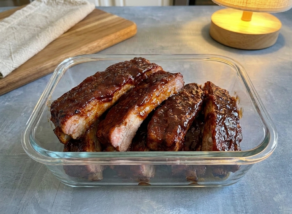 A glass meal-prep container filled with sliced leftover country style ribs coated in barbecue sauce on a kitchen counter
