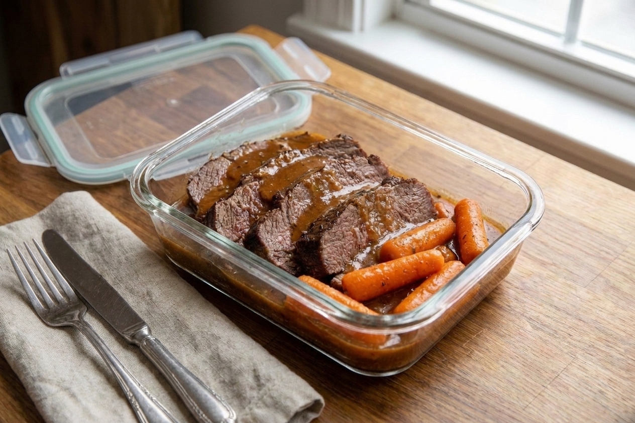 A glass meal prep container filled with sliced pot roast, carrots, and gravy on a kitchen counter with a lid set nearby