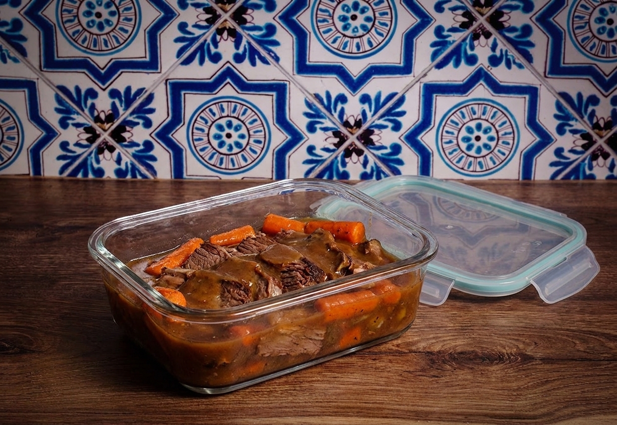 A glass meal prep container filled with sliced pot roast, carrots, and gravy on a kitchen counter with a lid set beside it
