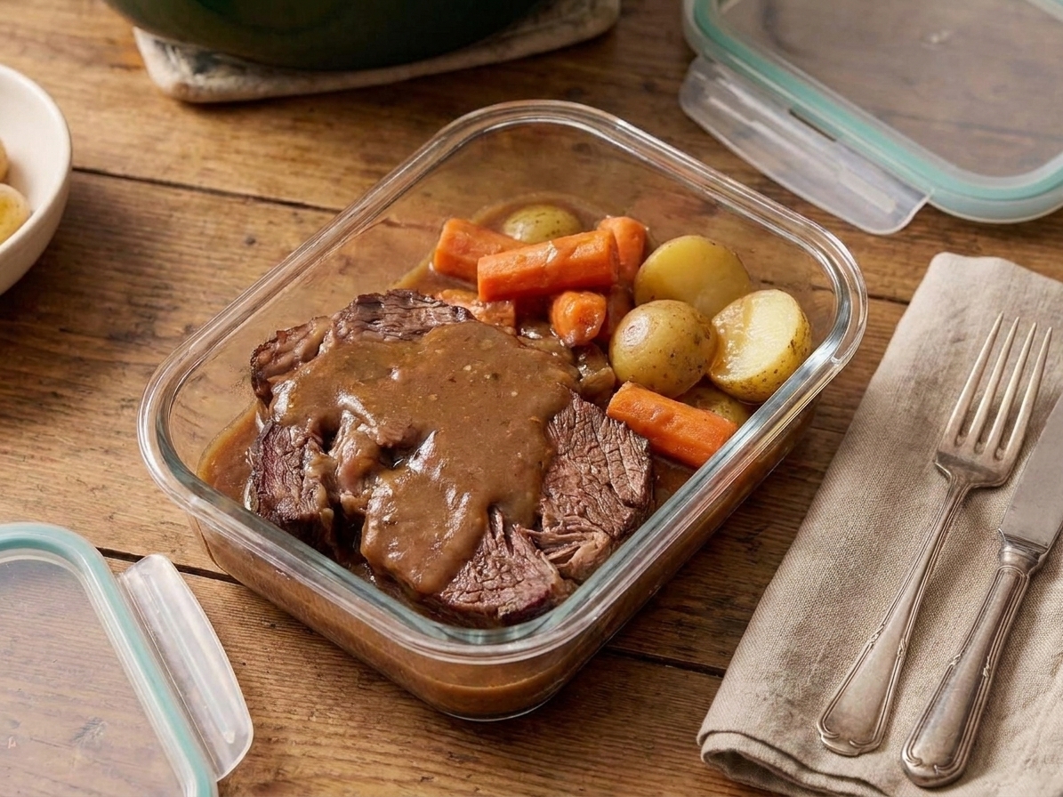 A glass meal prep container filled with sliced pot roast, carrots, potatoes, and gravy on a kitchen counter