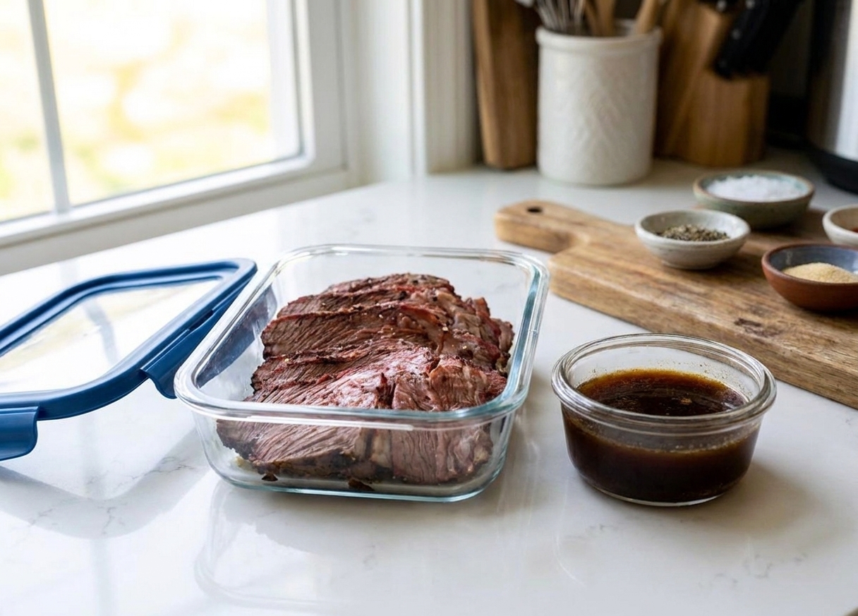 A glass meal prep container filled with sliced smoked chuck roast and a small container of beef juices beside it on a kitchen counter