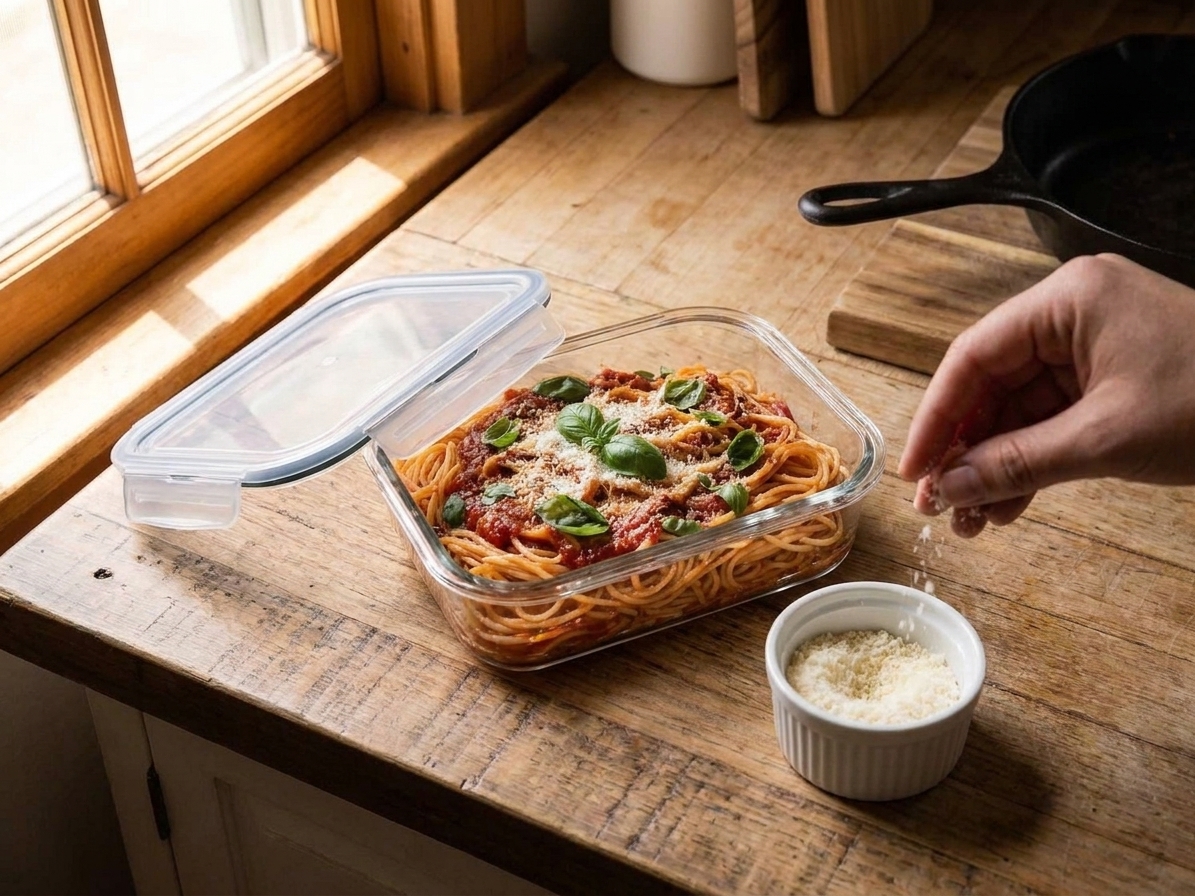 A glass meal prep container filled with spaghetti pomodoro and basil, lid set beside it on a kitchen counter next to a small ramekin of grated Parmesan