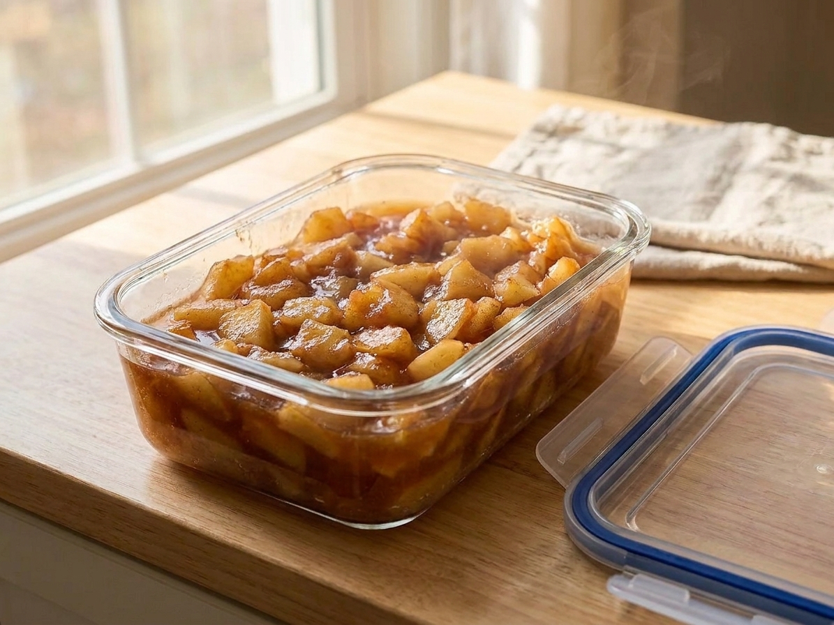 A glass meal prep container filled with stewed apples and syrup, lid set beside it on a kitchen counter, ready for storing