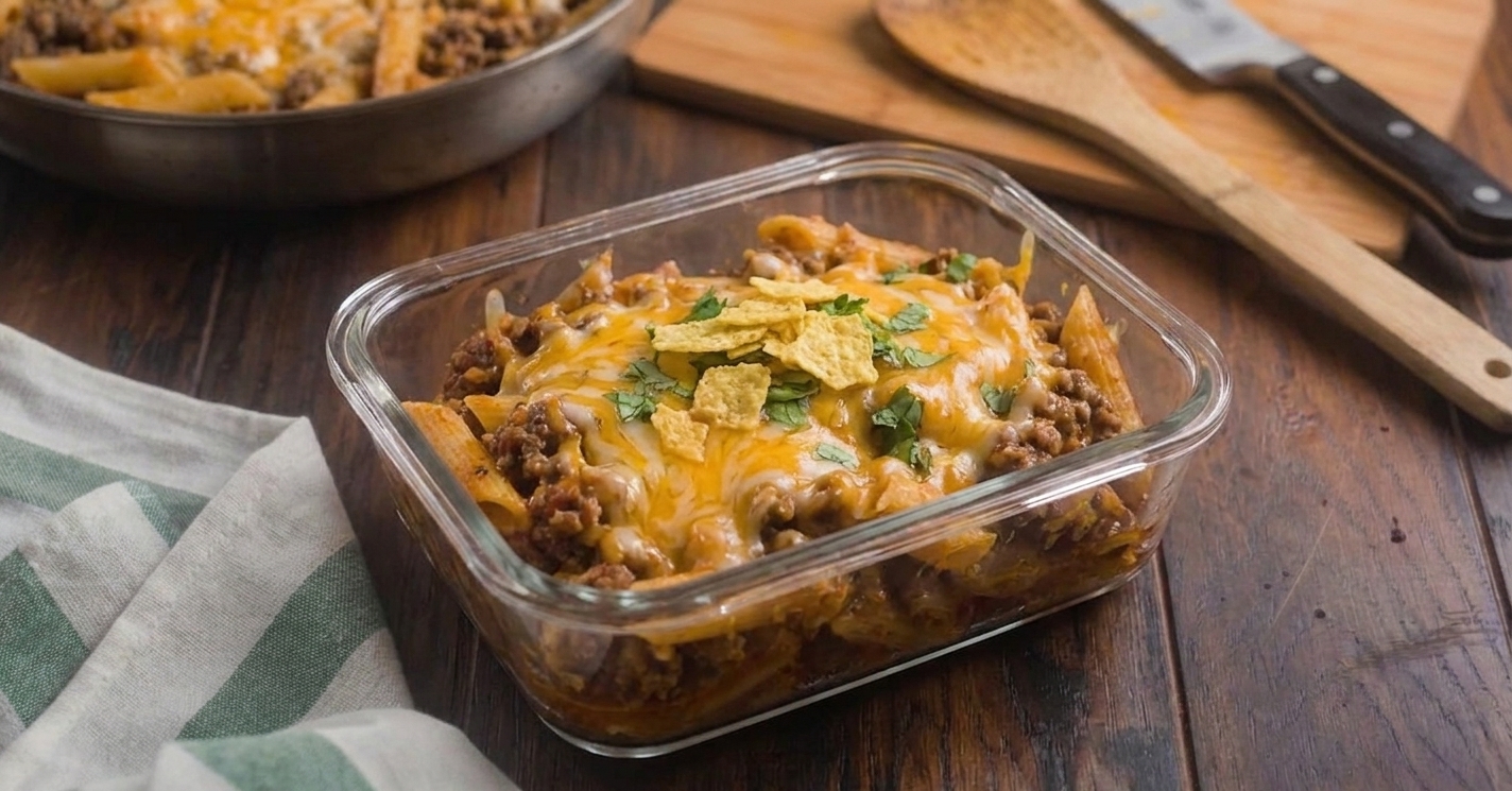 A glass meal prep container filled with taco pasta with a little extra cheese on top, sitting on a kitchen counter