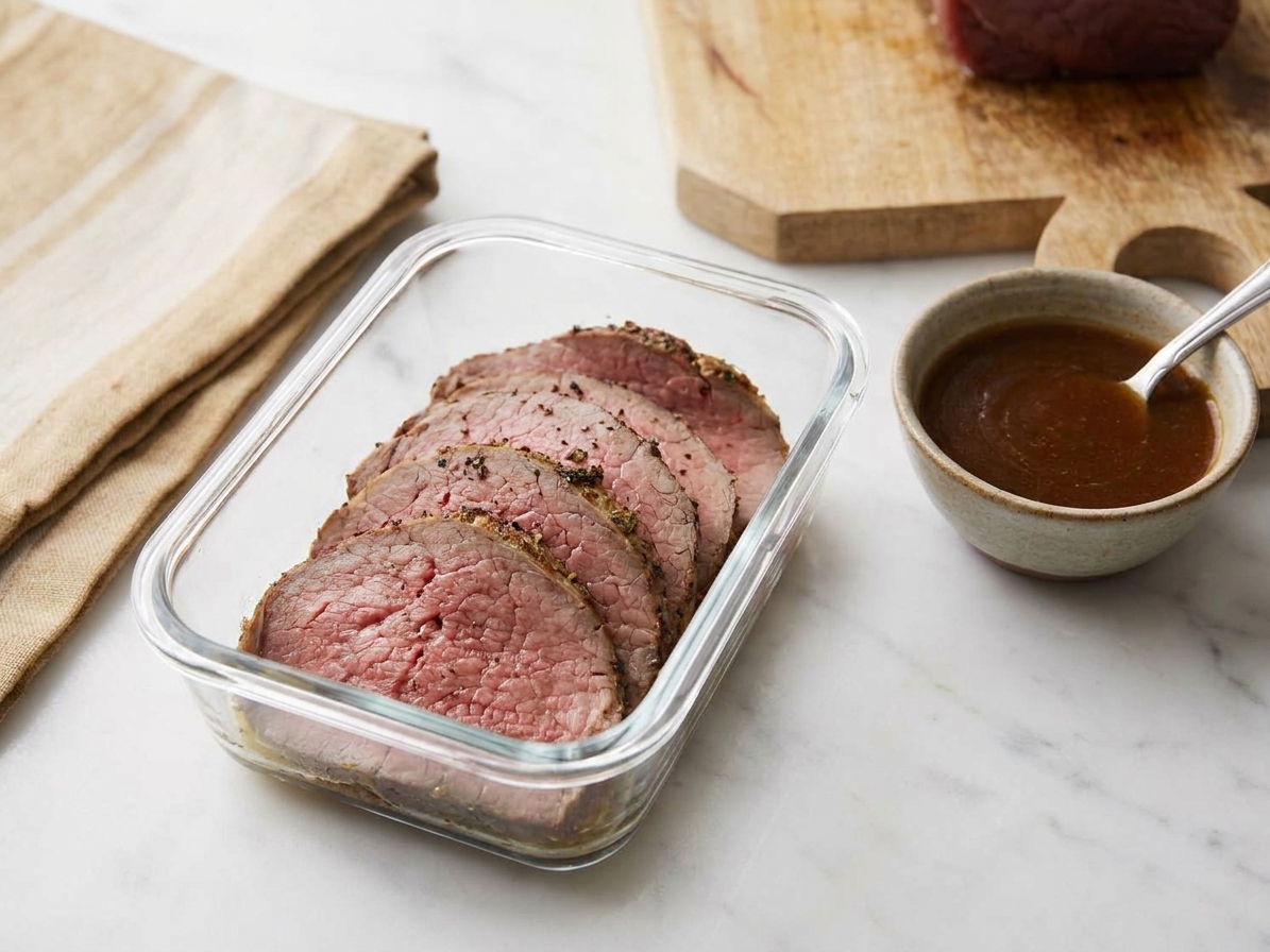 A glass meal prep container filled with thin slices of roast beef with a small container of gravy beside it on a kitchen counter
