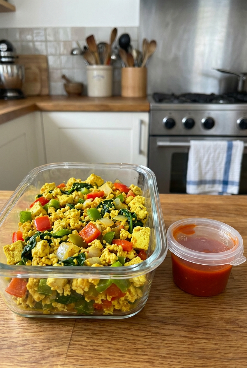 A glass meal prep container filled with tofu scramble next to a small container of hot sauce