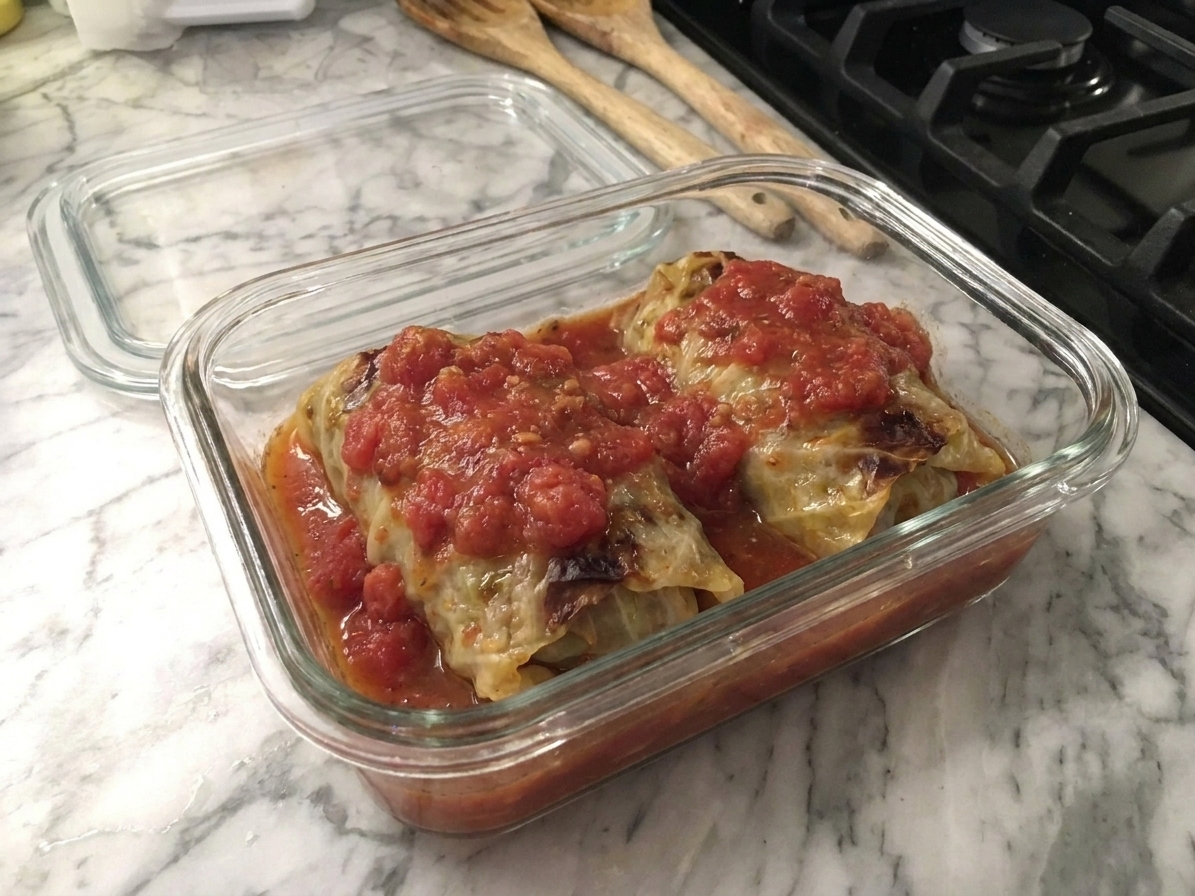 A glass meal prep container filled with two stuffed cabbage rolls covered in tomato sauce, lid set beside it on a clean kitchen counter