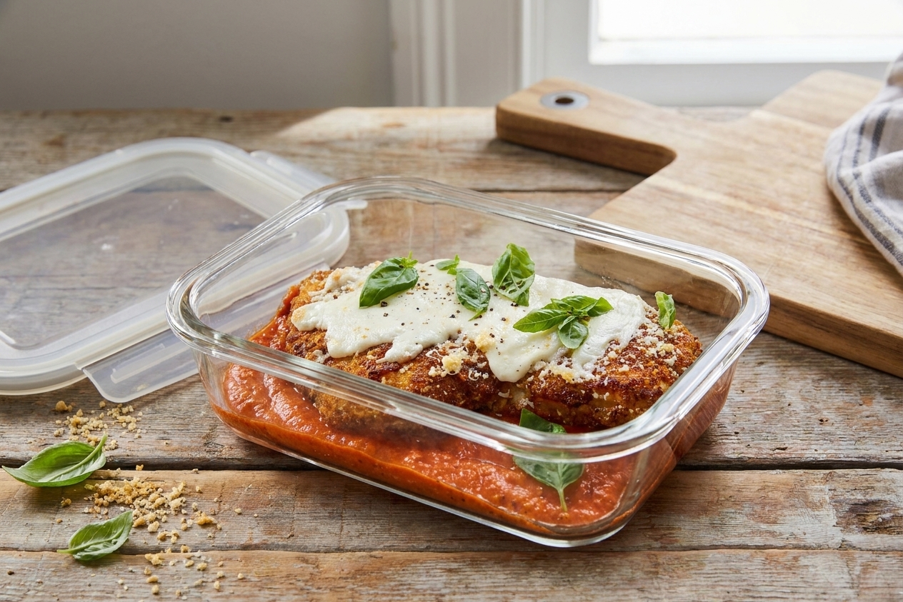 A glass meal prep container holding a piece of chicken parmigiana with sauce and melted cheese, sitting on a kitchen counter