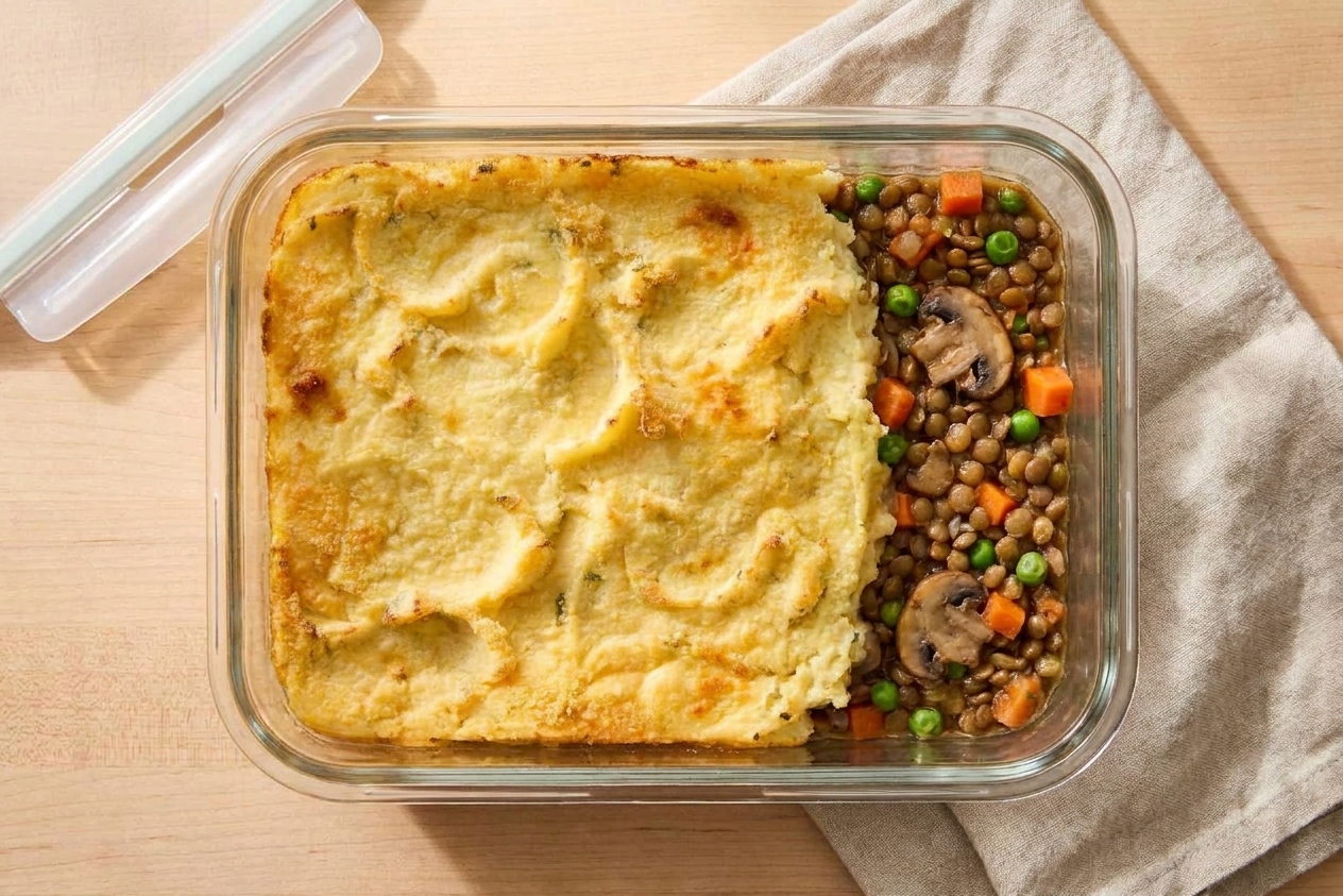 A glass meal prep container holding a portion of vegan shepherd’s pie with mashed potato topping and lentil filling visible along the side