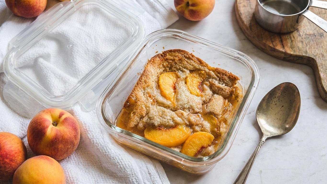 A glass meal prep container holding a square of peach cobbler with syrupy peaches visible, set on a kitchen counter next to a lid