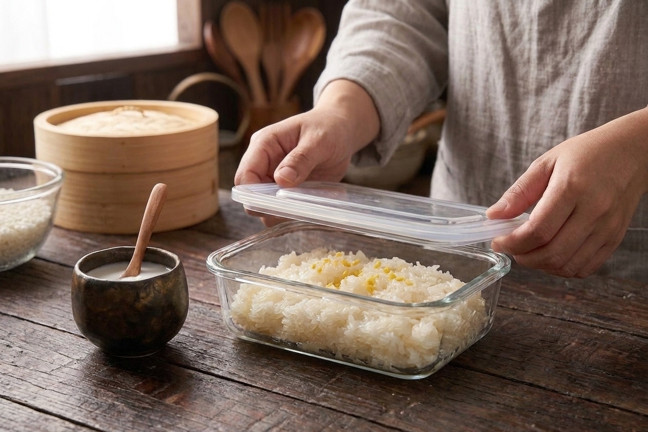 A glass meal prep container holding coconut sticky rice with a small jar of coconut sauce beside it on a kitchen counter