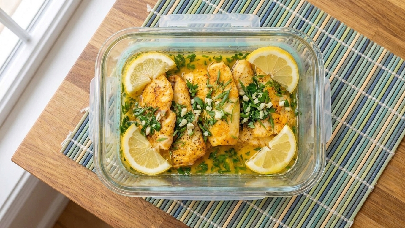 A glass meal prep container holding leftover baked orange roughy with lemon slices and herbs in the sauce