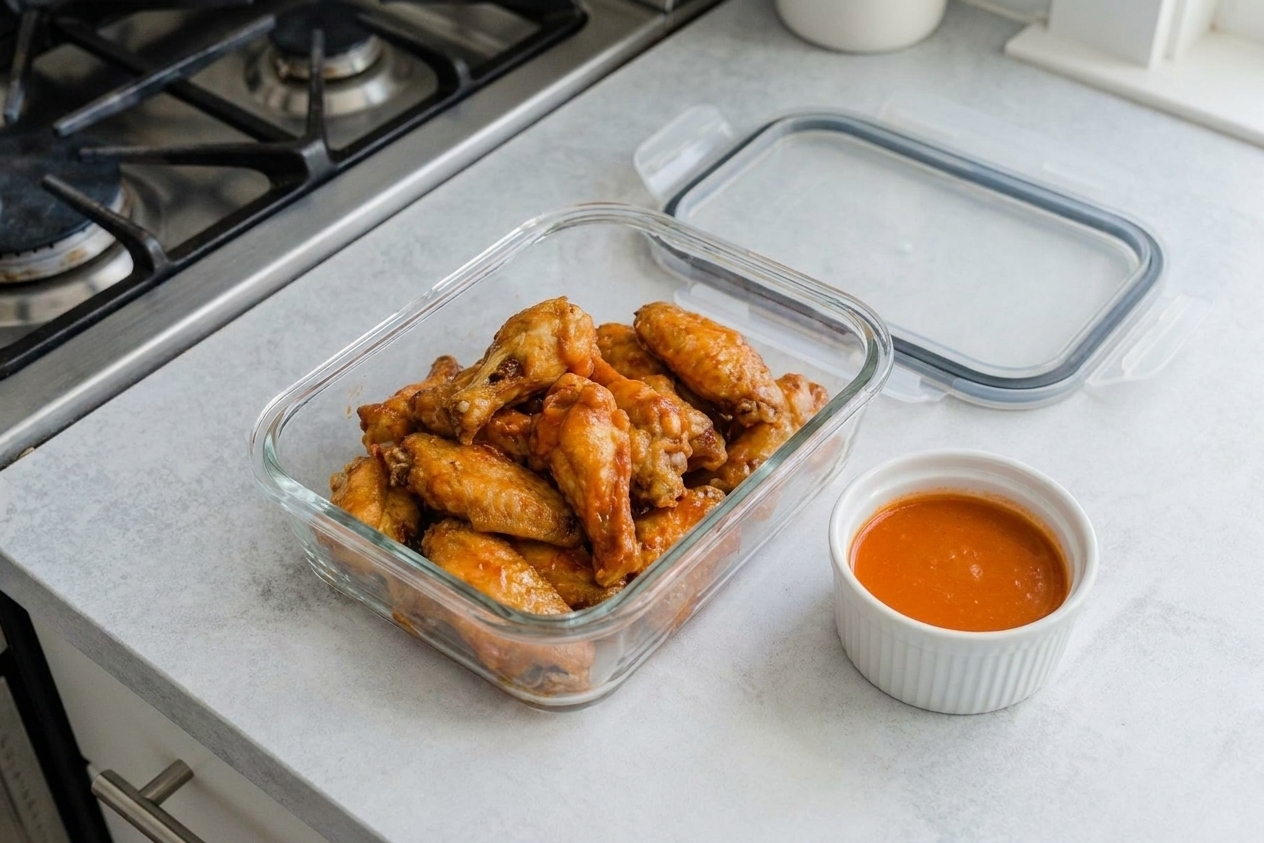 A glass meal prep container holding leftover baked chicken wings next to a small container of sauce on a kitchen counter