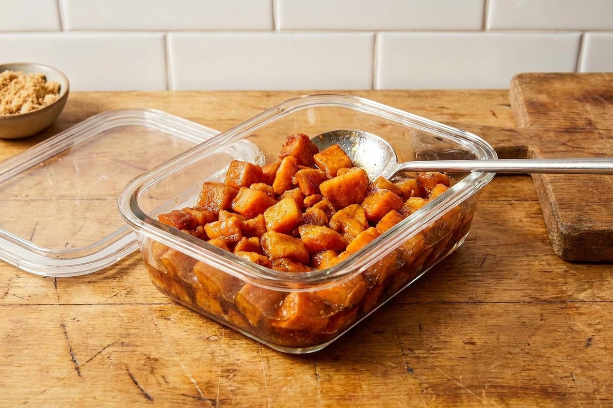 A glass meal prep container holding leftover candied yams with syrup, sitting on a kitchen counter next to a lid