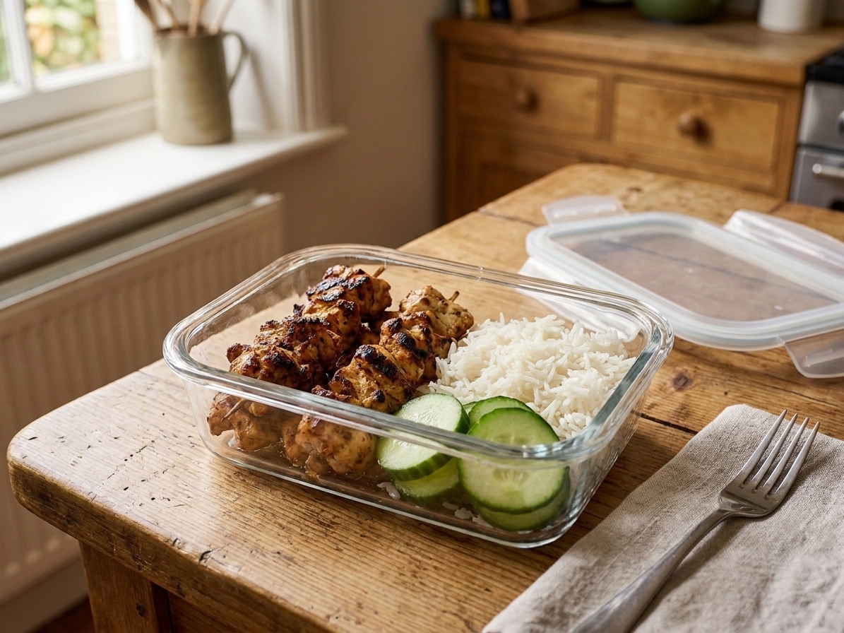 A glass meal prep container holding leftover chicken kabab pieces with sliced cucumbers and rice on a kitchen counter