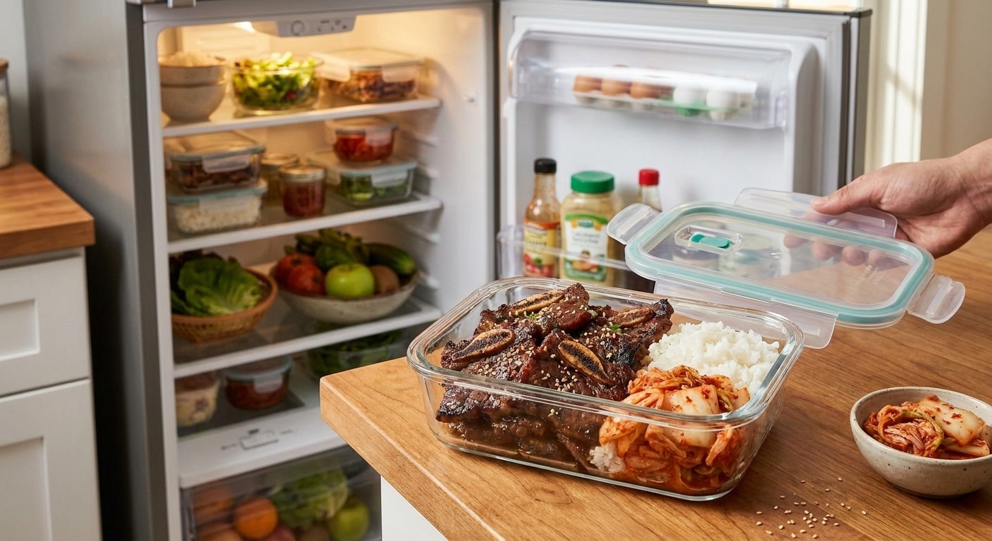 A glass meal prep container holding leftover galbi short ribs with rice and kimchi, set on a kitchen counter near an open refrigerator