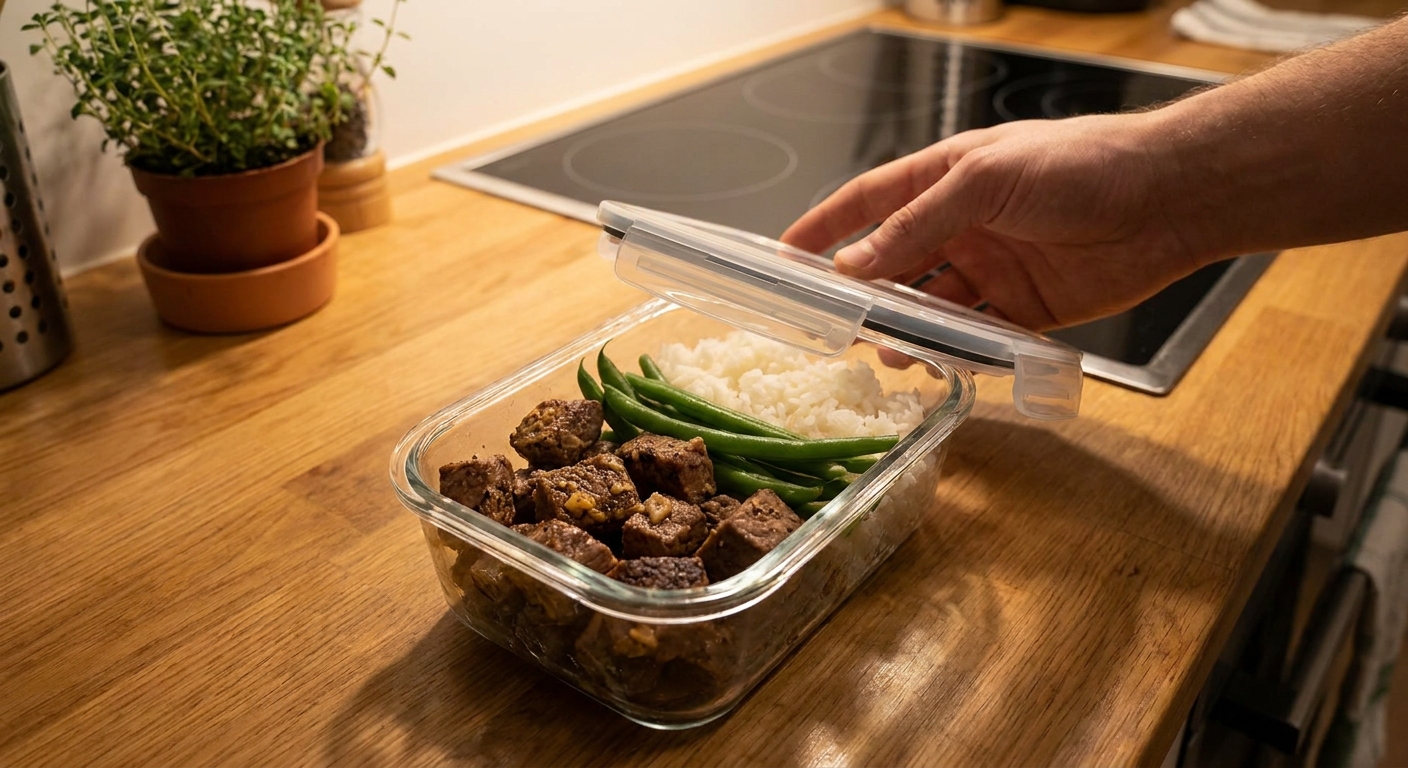 A glass meal prep container holding leftover garlic steak bites with a small portion of rice and green beans, set on a kitchen counter under warm light