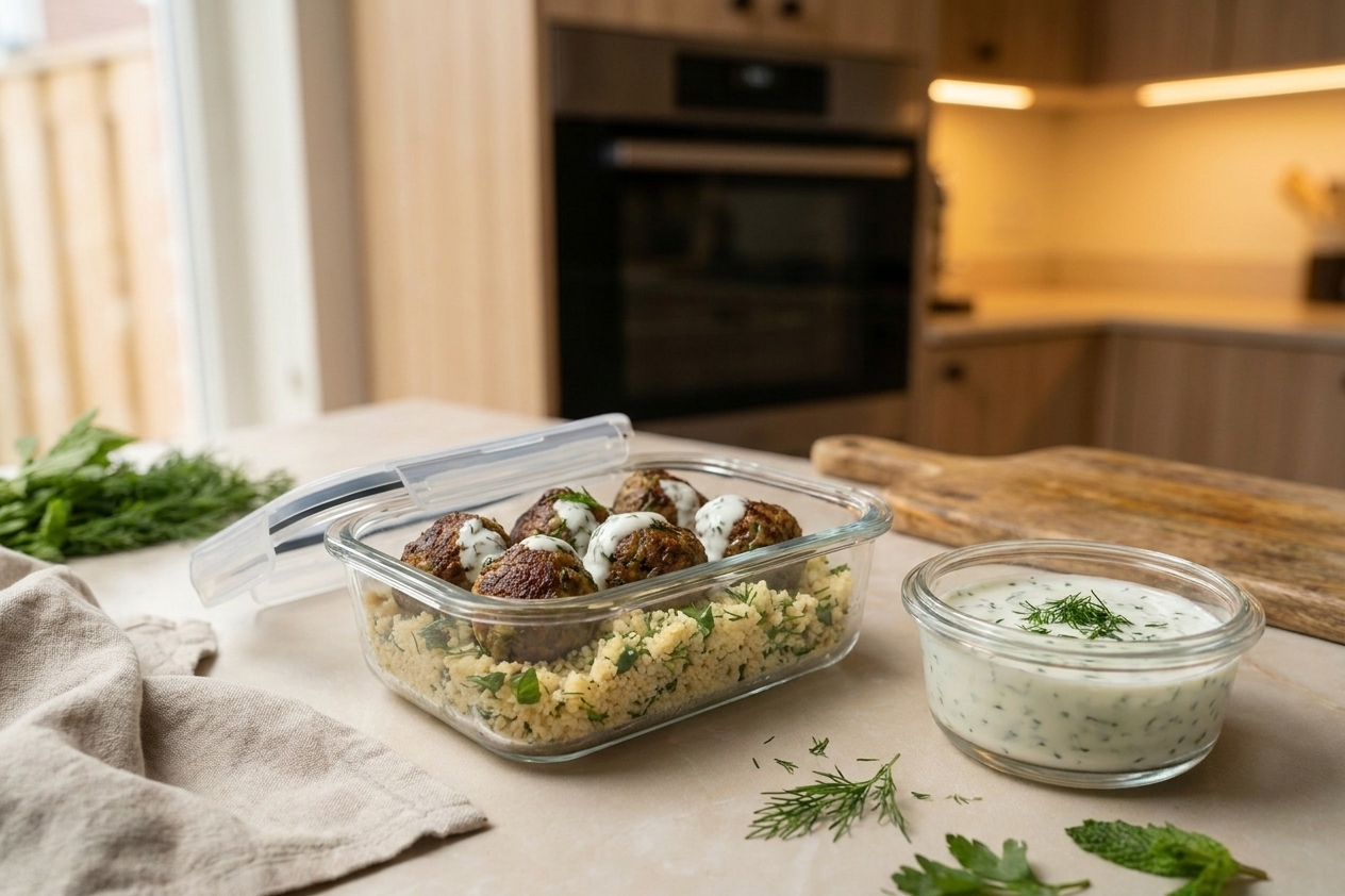 A glass meal prep container holding leftover lamb meatballs with a small separate container of yogurt sauce on a kitchen counter