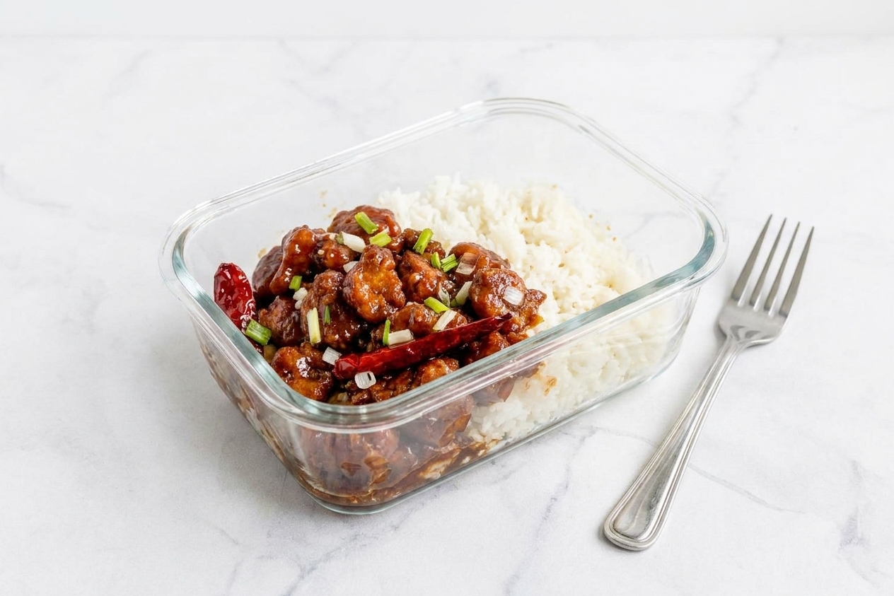 A glass meal prep container holding leftover saucy chicken with rice, set on a kitchen counter next to a fork