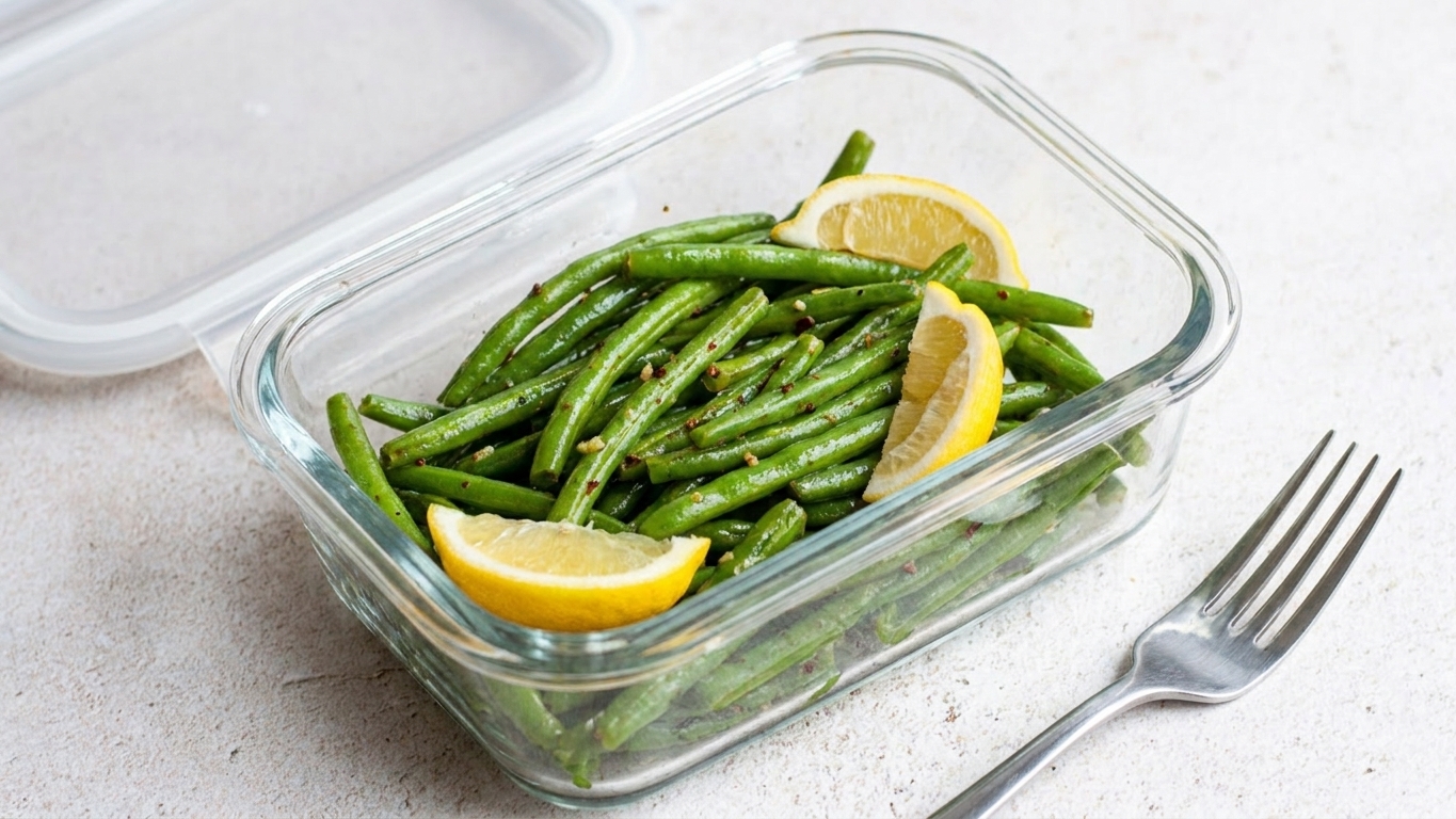 A glass meal prep container holding leftover sautéed green beans on a kitchen counter with a fork nearby