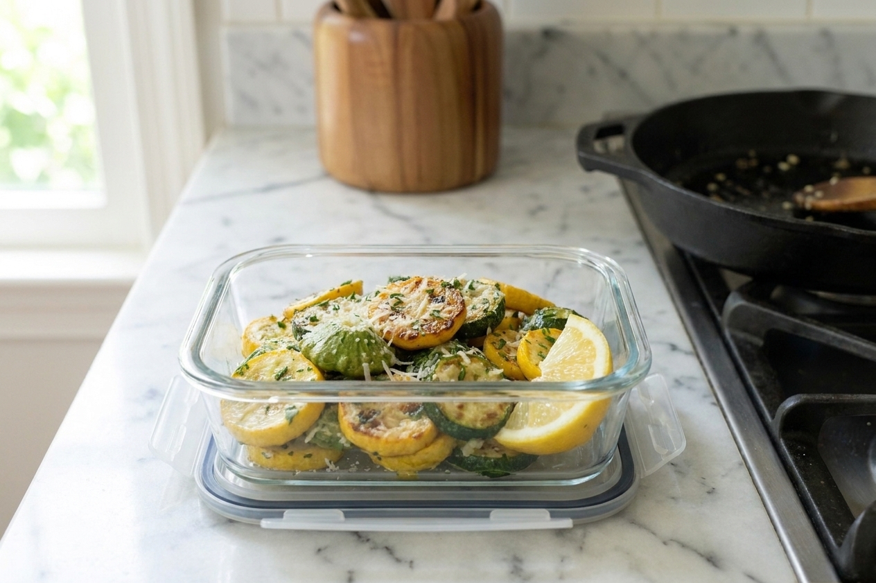 A glass meal prep container holding leftover sautéed patty pan squash with a lemon wedge, sitting on a kitchen counter