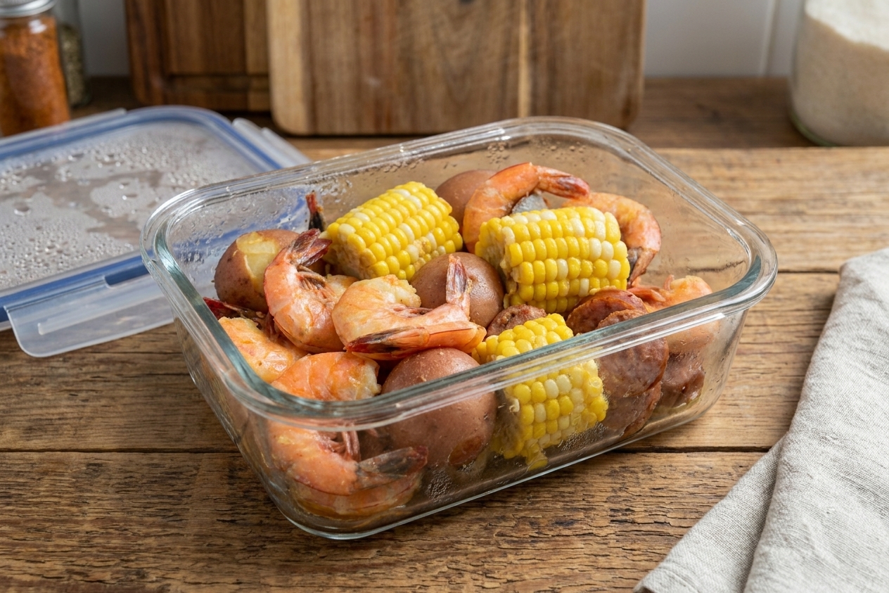 A glass meal prep container holding leftover shrimp, sausage slices, corn rounds, and potatoes on a kitchen counter