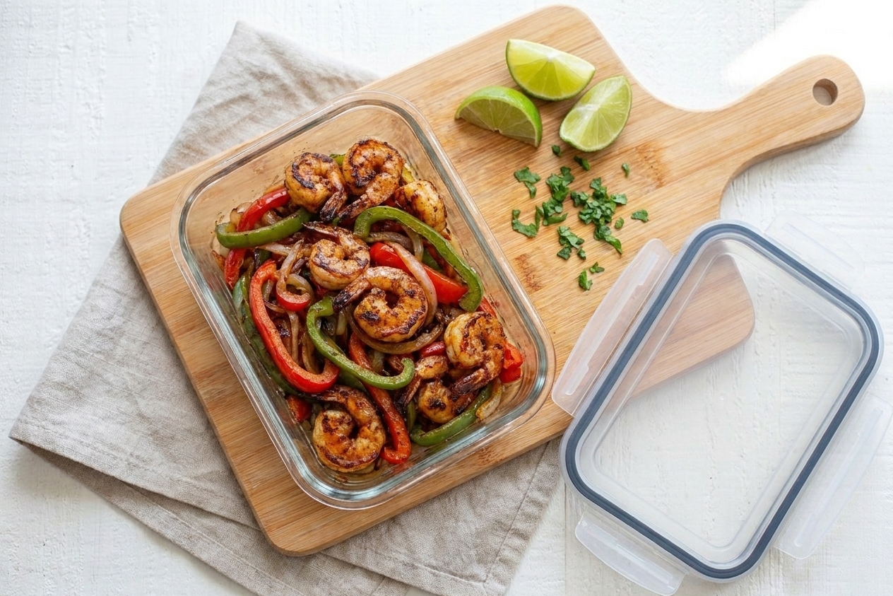 A glass meal prep container holding leftover shrimp fajitas with peppers and onions, lid set beside it on a kitchen counter