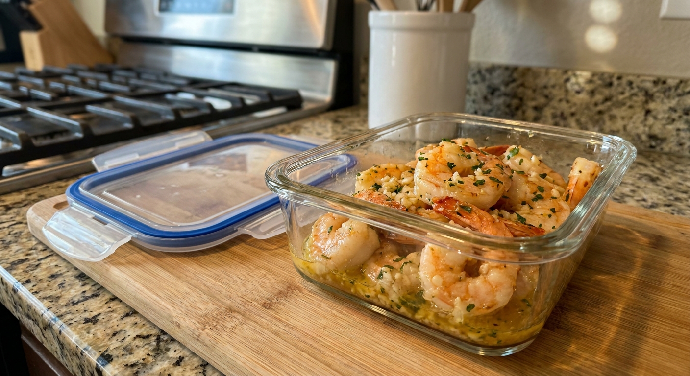 A glass meal prep container holding leftover shrimp in garlic lemon butter sauce on a kitchen counter with a lid beside it