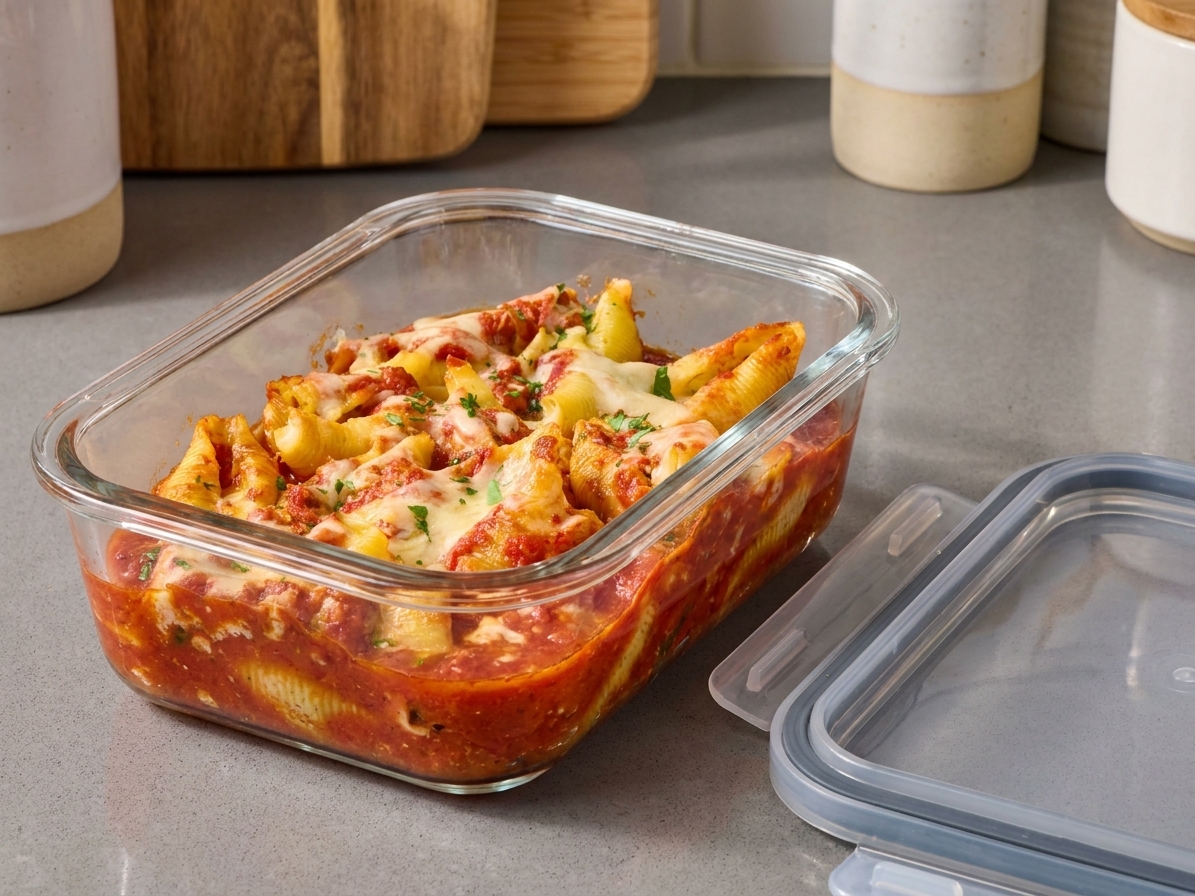 A glass meal prep container holding leftover stuffed shells with marinara and melted cheese, set on a kitchen counter with a lid beside it