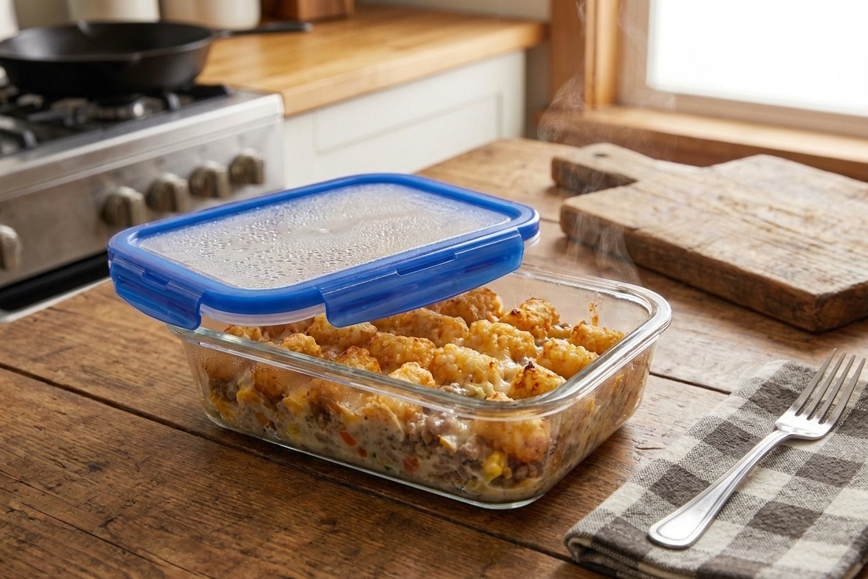 A glass meal prep container holding leftover tater tot hotdish with a snapped-on lid, sitting on a kitchen counter