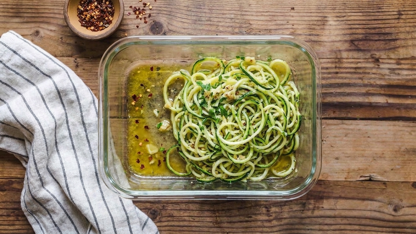 A glass meal prep container holding leftover zucchini noodles with a small pool of liquid at the bottom, sitting on a kitchen counter