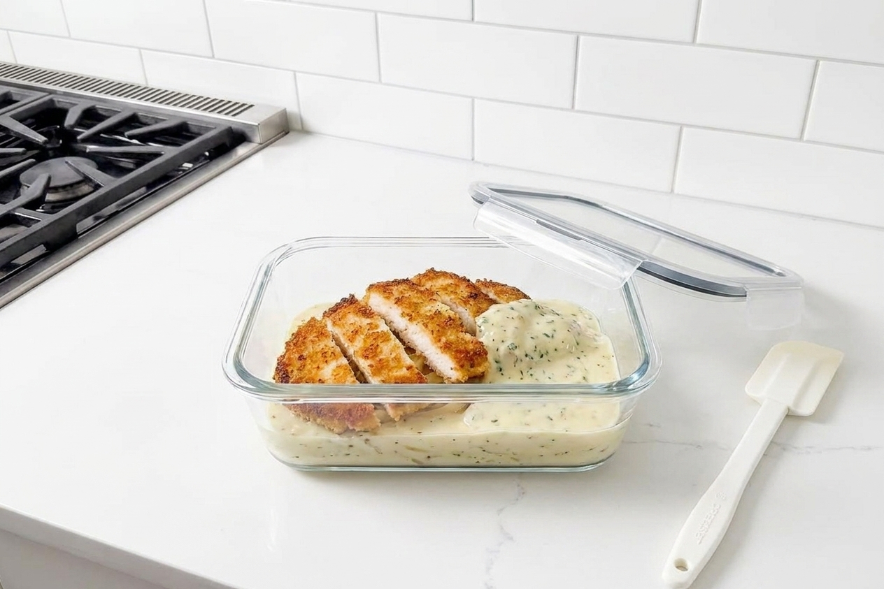 A glass meal prep container holding sliced Boursin chicken and creamy sauce, sitting on a kitchen counter with a lid nearby