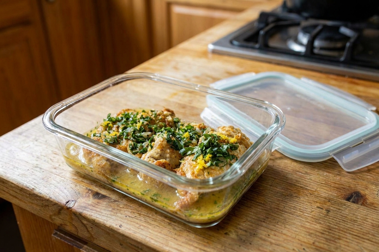 A glass meal prep container holding sliced chicken and lemon butter sauce with parsley, placed on a kitchen counter next to a lid