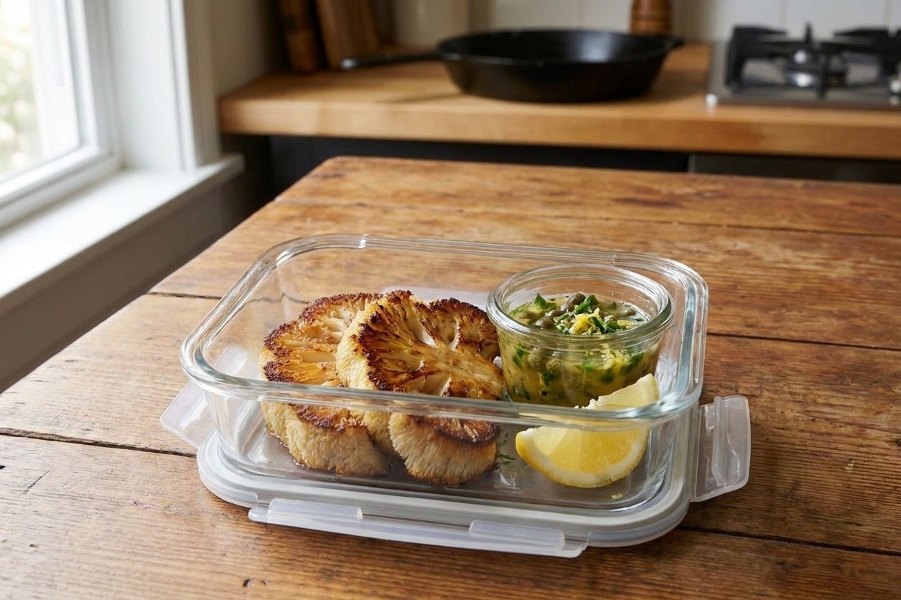 A glass meal prep container holding sliced cooked lion’s mane mushrooms with a small separate container of lemon caper sauce on a kitchen counter