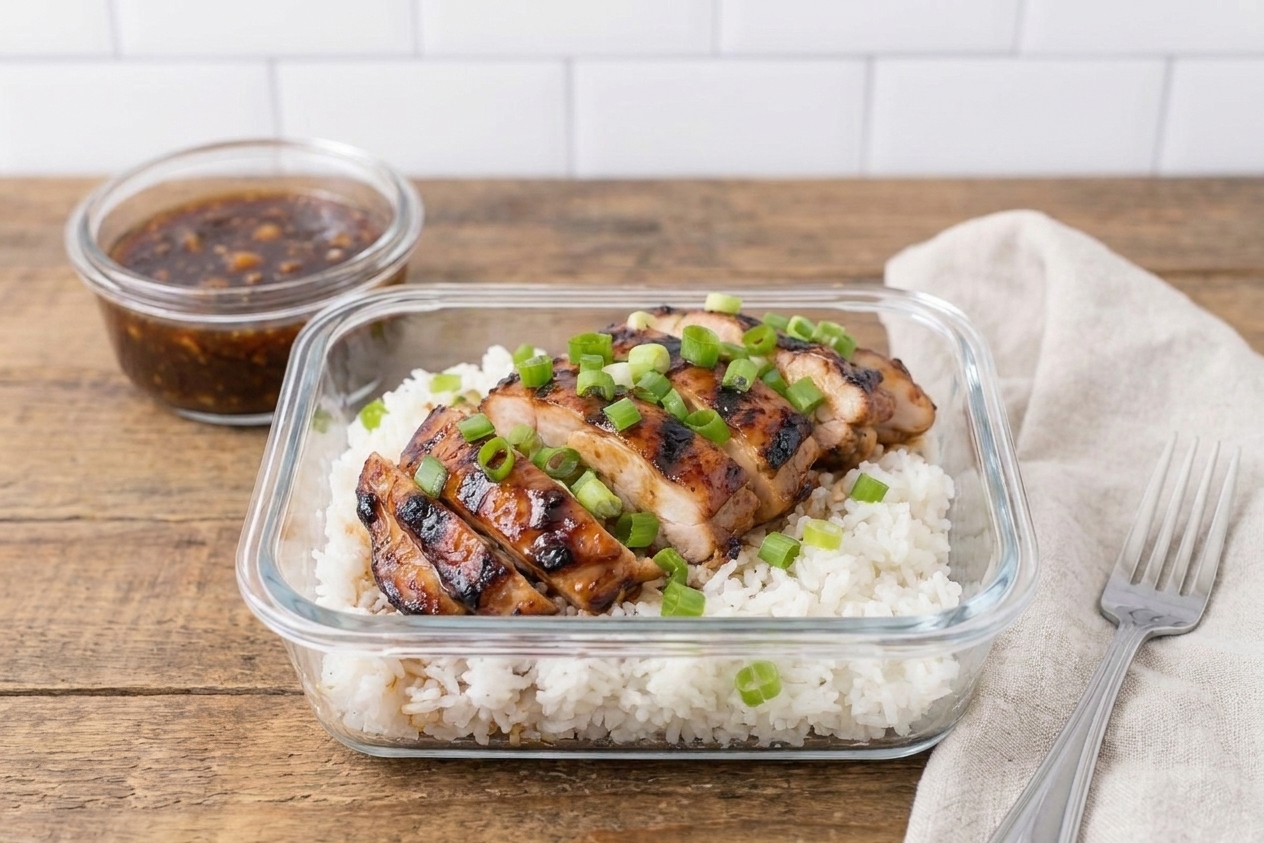 A glass meal prep container holding sliced huli huli chicken and rice with a small separate container of glossy pineapple-soy sauce
