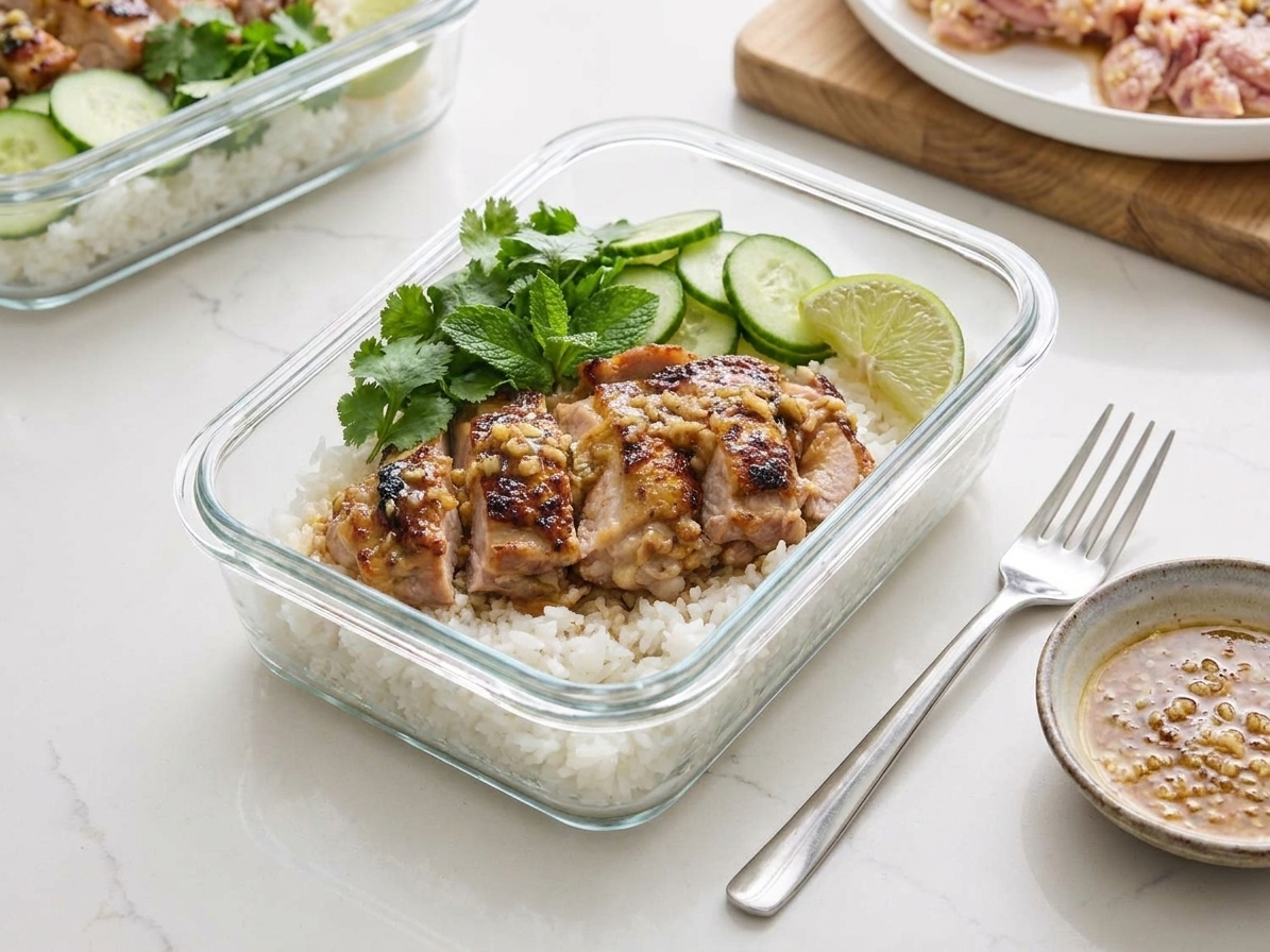 A glass meal prep container holding sliced lemongrass chicken with rice and cucumbers on a kitchen counter with a fork nearby