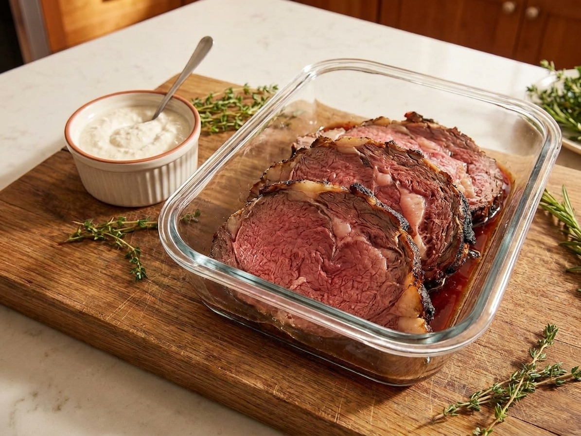 A glass meal prep container holding sliced smoked prime rib with juices, next to a small container of horseradish sauce on a kitchen counter