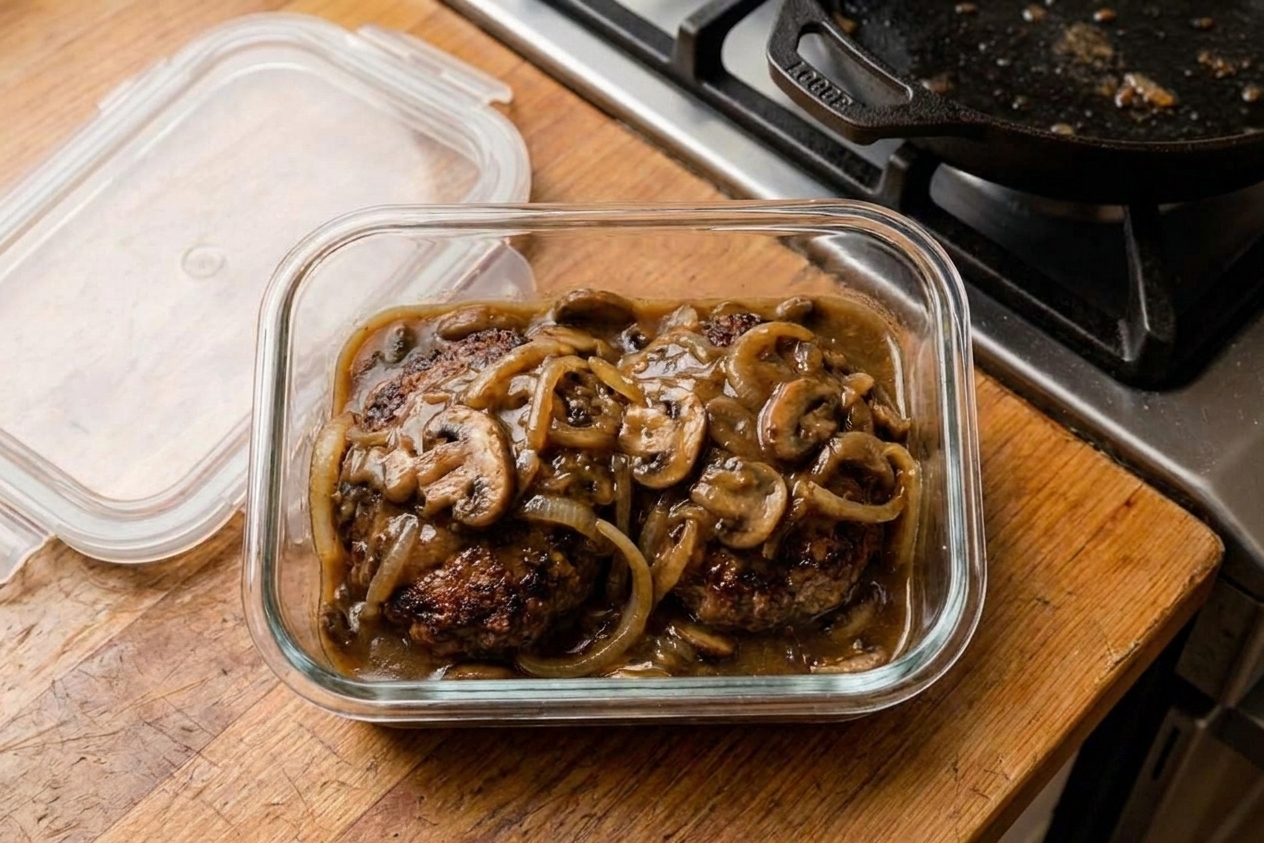 A glass meal prep container holding two Hamburg steak patties covered in onion gravy, sitting on a kitchen counter next to a lid