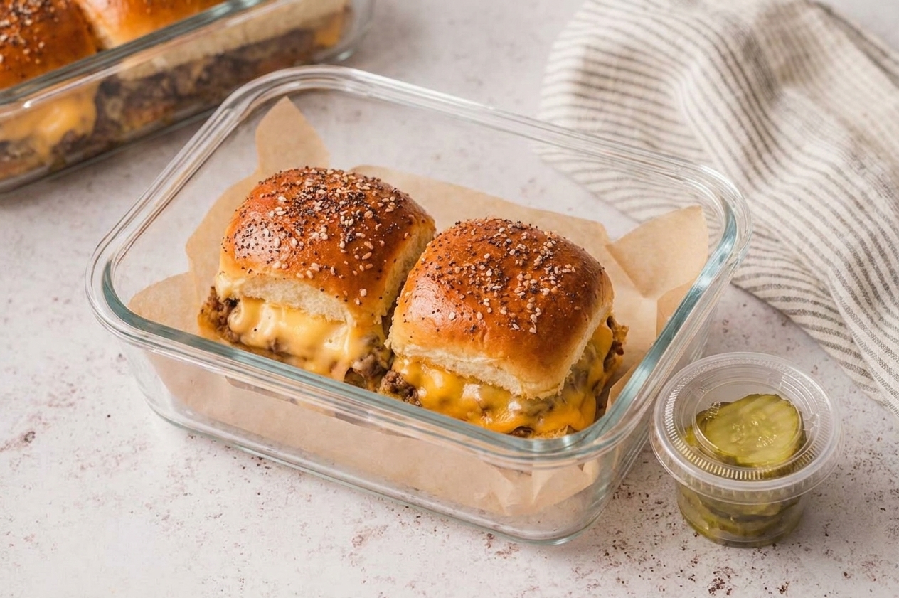 A glass meal prep container holding two cheeseburger sliders with parchment paper, placed on a kitchen counter next to a small lidded cup of pickles
