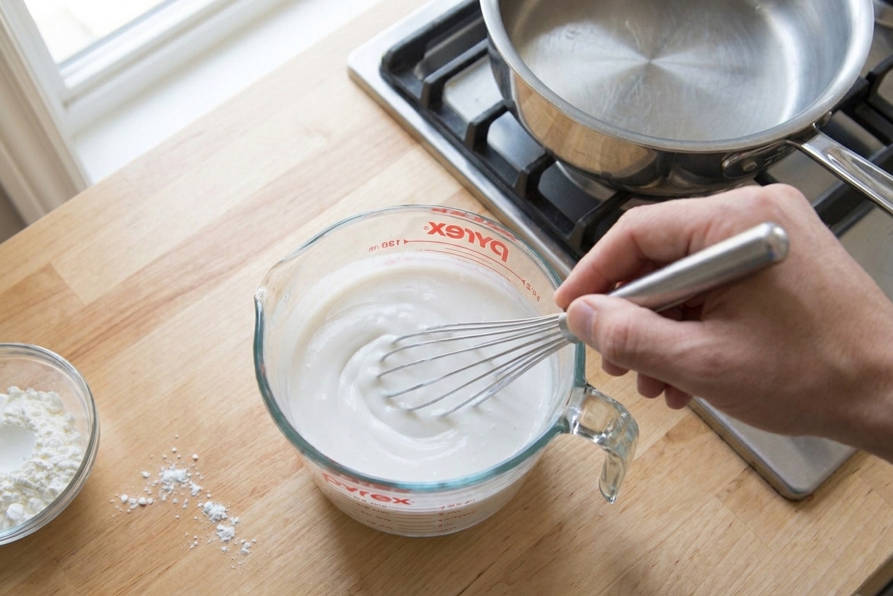 A glass measuring cup filled with coconut milk being whisked with cornstarch until smooth on a kitchen counter, with a saucepan nearby