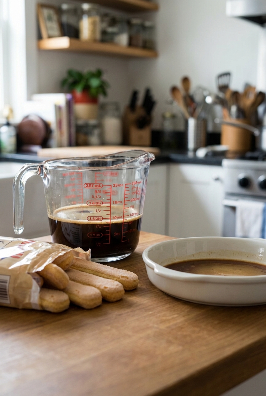 A glass measuring cup filled with espresso next to ladyfingers and a shallow dish for dipping