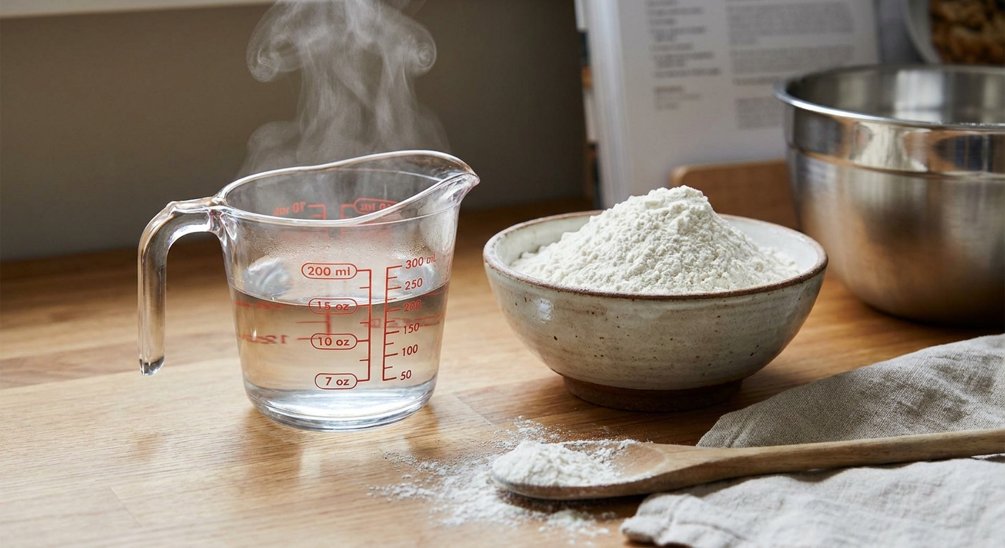 A glass measuring cup filled with hot water on a kitchen counter next to a bowl of flour
