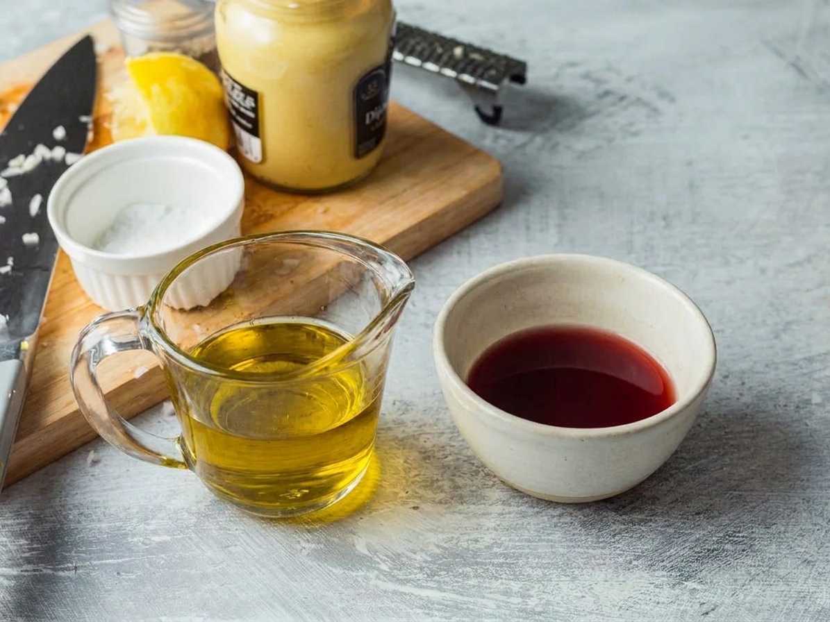 A glass measuring cup of olive oil next to a small bowl of red wine vinegar on a bright kitchen counter, ingredients ready for vinaigrette
