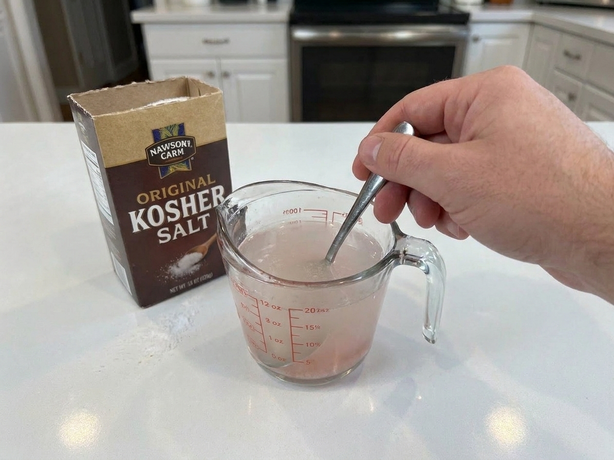 A glass measuring cup of vinegar brine being stirred with a spoon on a countertop, with a container of kosher salt nearby