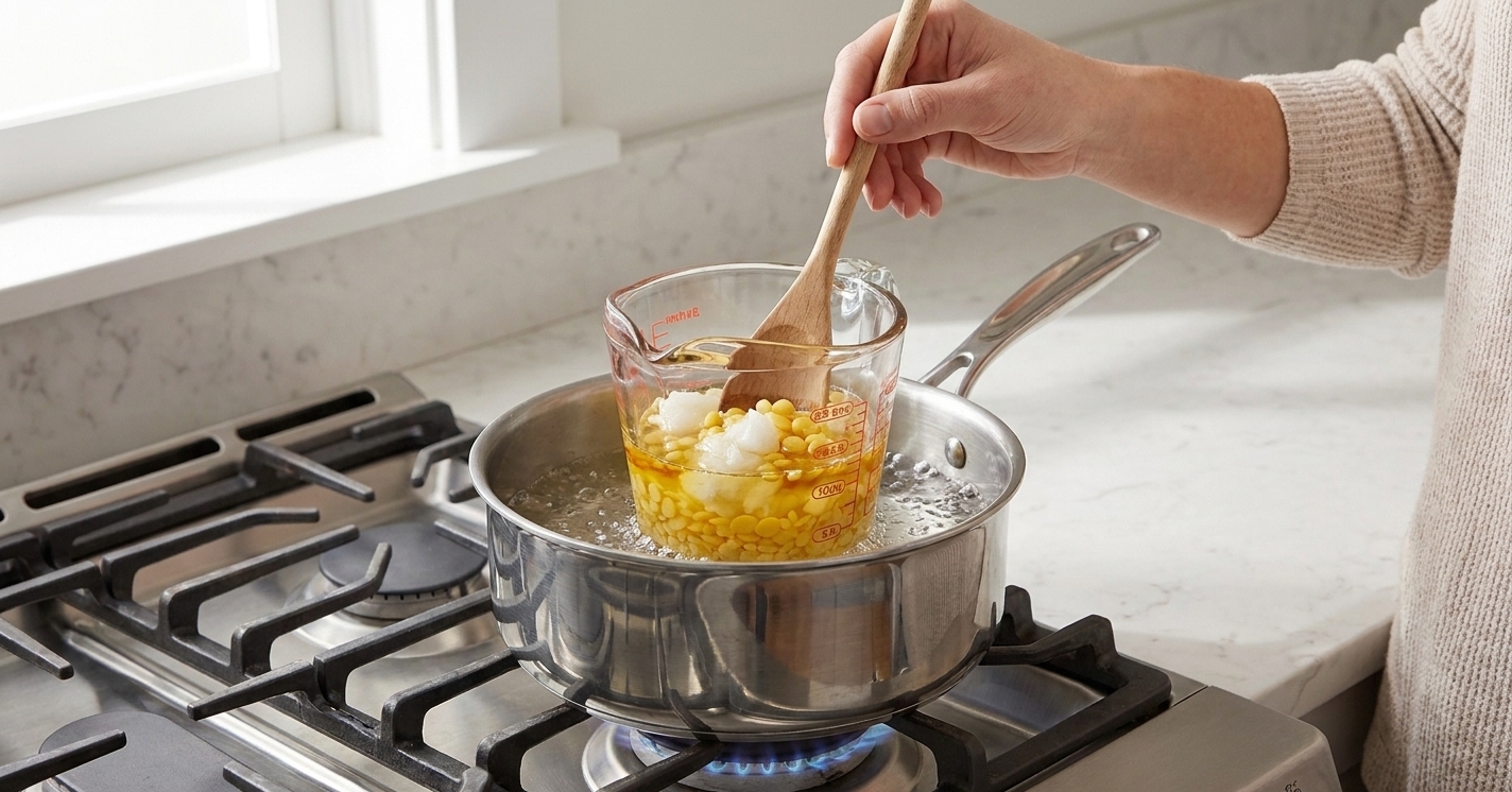 A glass measuring cup sitting in a saucepan of simmering water with beeswax and oils melting together